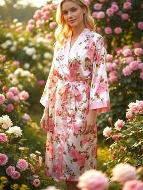 Vintage Rose Satin Robe Sz 2 Pink Silky Floral Kimono Bridal Coquette Romantic